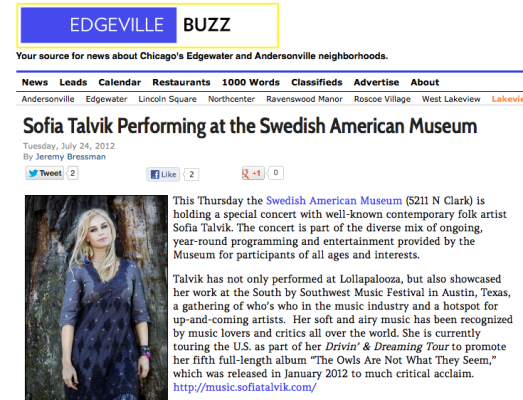 Sofia Talvik to perform at the Swedish American Museum
